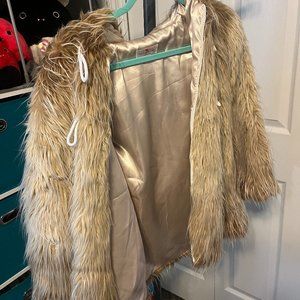 Faux Fur Jacket Light Brown with Hood Music Festival Fashion Rave Fall Layering